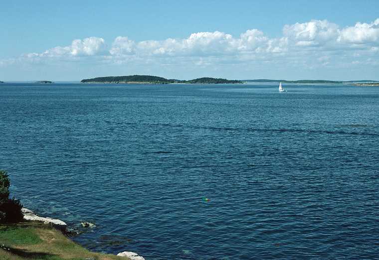 July 2-15, 1988 - Bailey Island, Maine.<br />View of Casco Bay from the cottage.