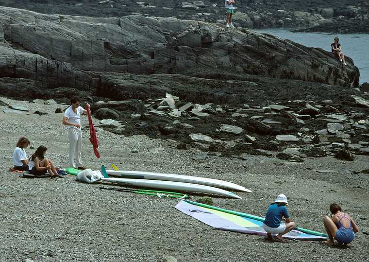 July 2-15, 1988 - Bailey Island, Maine.<br />Leslie and Oscar visiting for the day with their sailboards.<br />Becky and Melody watching Oscar, Joyce, and Leslie rigging the sailboards.