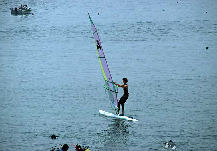 July 2-15, 1988 - Bailey Island, Maine.<br />Leslie taking off on her sailboard.