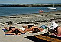 July 2-15, 1988 - Bailey Island, Maine.<br />Melody and Becky sunning themselves while Joyce reads.