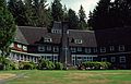 August 19, 1988 - Lake Quinault area, Olympic Peninsula, Washington<br />Lake Quinault Lodge with rain gauge (which measures in feet).