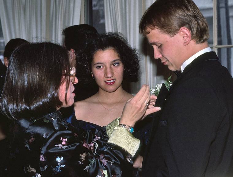 May 1990 - Merrimac, Massachusetts.<br />Junior Prom photos session at Becky's home.<br />Joyce, Melody and Nick. It takes mother's help to get the corsage pinned properly.