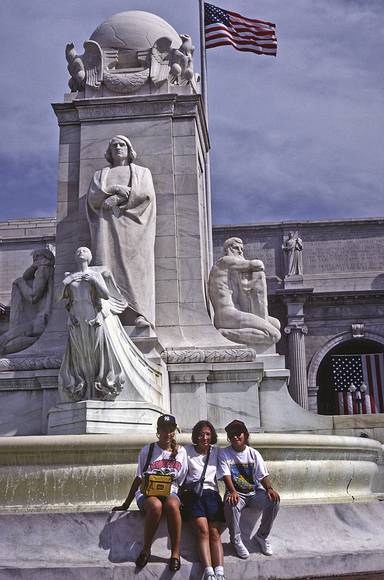 August 28, 1990 - Washington, District of Columbia.<br />Marta, Joyce, and Natalia at the Columbus Monument in front of Union Station.