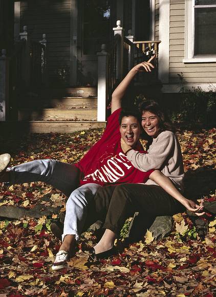 October 1990 - Merrimac, Massachusetts.<br />Melody and Natalia horsing around for the camera.