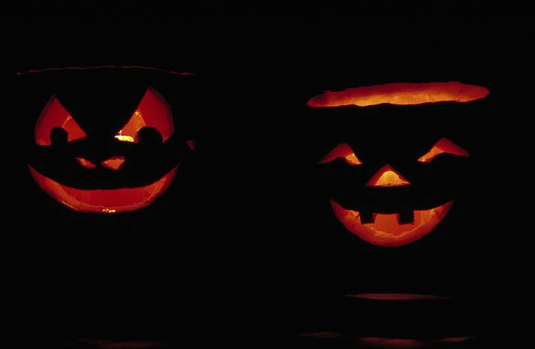 October 1990 - Merrimac, Massachusetts.<br />Pumpkin lanterns cut out by Melody and Natalia.