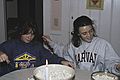 December 22, 1990 - Merrimac, Massachusetts.<br />Cranberry and popcorn or decorate the Christmas tree time.<br />Even the Spaniards Natalia and Belen are getting the hang of it.