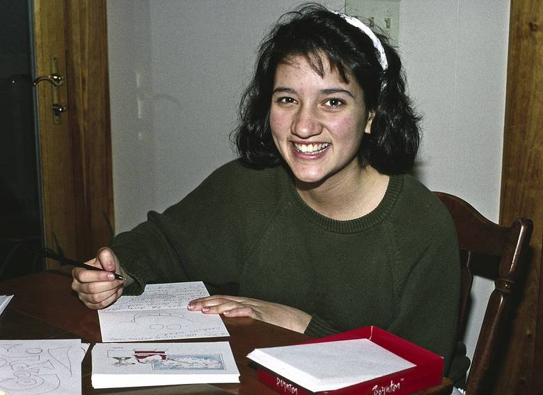 Dec. 23, 1990 - Merrimac, Massachusetts.<br />Melody writing Christmas cards.