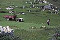 July 3, 1990 - Cue, Asturias, Spain.<br />Man cutting grass with a scythe next to the inn.
