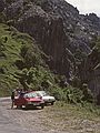 July 6, 1990 - Near Cain, Leon, Spain.<br />Joyce, Baiba, Julian, and our two Peugeots 203 pulled off the road in a narrow valley.