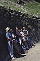July 6, 1990 - Hike in the Garganta del Cares (Cares River Gorge), Leon, Spain.<br />Joyce, Baiba, Ronnie, Melody, and Julian leaning against a stone wall below the water canal and looking at something across the gorge.