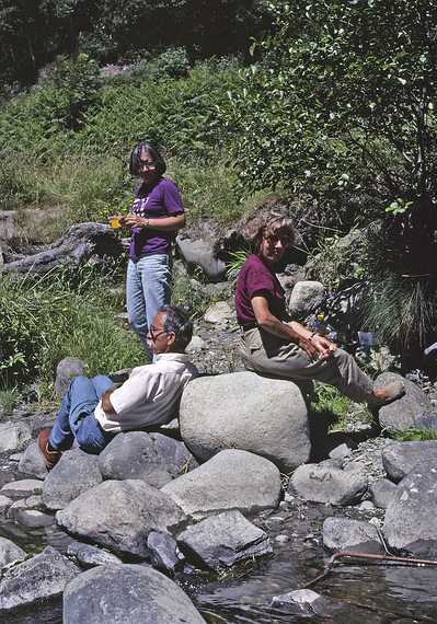July 11, 1990 - South of Saint-Bat. France.<br />Lunch break along the Garonne River.<br />Joyce, Ronnie, and Baiba.