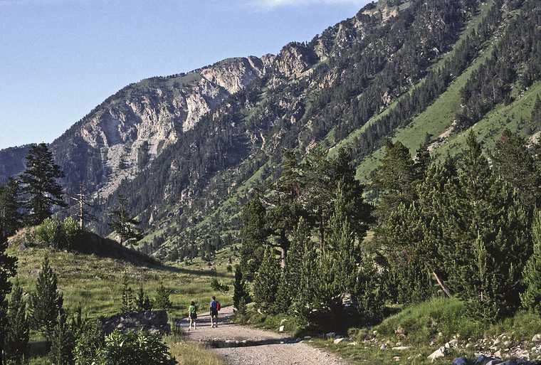 July 13, 1990 - Hike into lakes region south of Salardu, Lerida, Spain.<br />Joyce and Ronnie leading the way back to the cars.