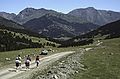 July 16, 1990 - Hike from the Baqueira/Beret area to Santuario de Montgarri, Lerida, Spain.<br />Joyce, Julian, Baiba, Ronnie, and Melody at the start.