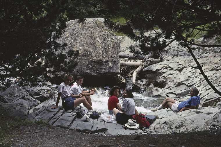 July 16, 1990 - Hike from the Baqueira/Beret area to Santuario de Montgarri, Lerida, Spain.<br />Baiba, Julian, Melody, Joyce, and Ronnie having lunch by the stream near the church.