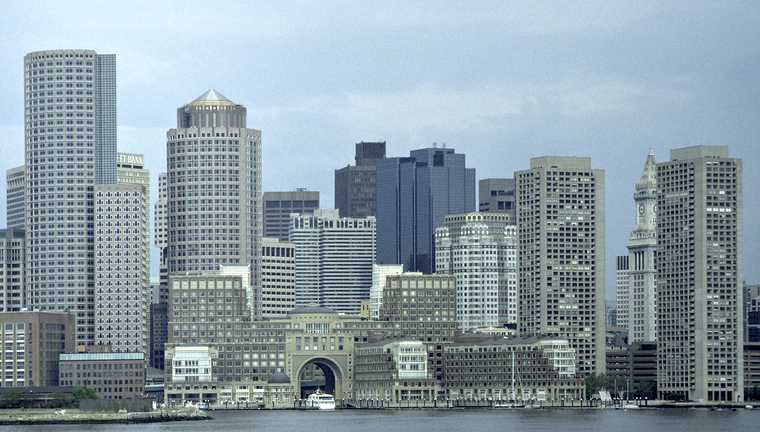 May 1992 - Whale watch trip out of Boston, Massachusetts.<br />Boston waterfront from the whaleboat on its way out.