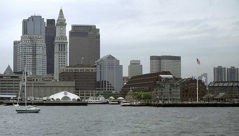 May 1992 - Whale watch trip out of Boston, Massachusetts.<br />Boston skyline from the whale watch boat on the way back.