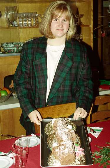 Dec 25, 1992 - Manchester by the Sea.<br />Laila with "dzeltenmaize" (yellow bread - a sweet, safron laced, bread).