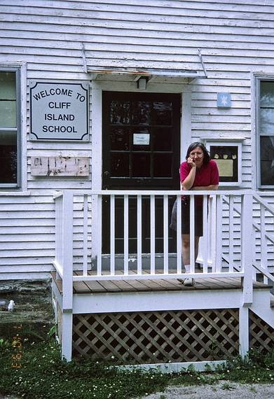 July 10, 1993 - Cliff Island, Casco Bay, Maine.<br />Joyce at the local school house.