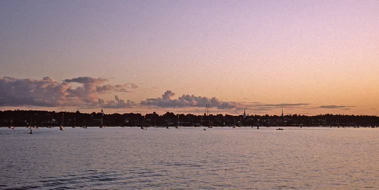 July 23, 1993 - Newburyport, Massachusetts.<br />Evening boat ride from the northern tip of Plum Island.<br />Newburyport skyline.