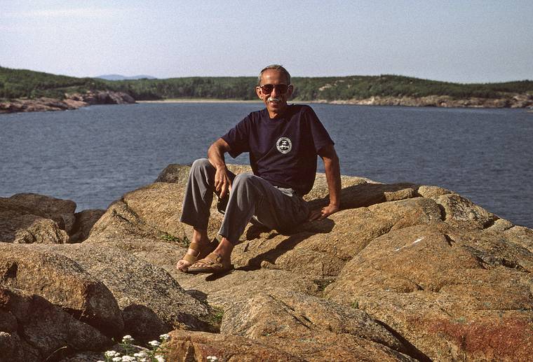 July 26, 1993 - Acadia National Park, Mount Desert Island, Maine.<br />Ronnie at Otter Cliff? (Sand Beach is in back).
