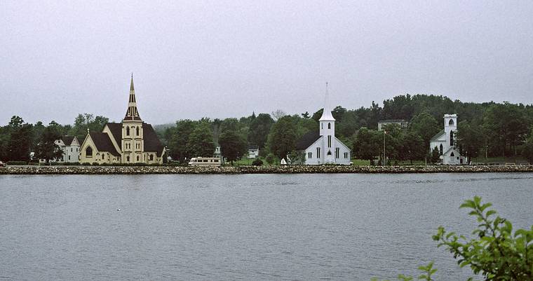 July 30, 1993 - Mahone Bay, Nova Scotia, Canada.<br />St. James' Anglican Church, St. Johns Evangelical Lutheran Church, Trinity United Church.