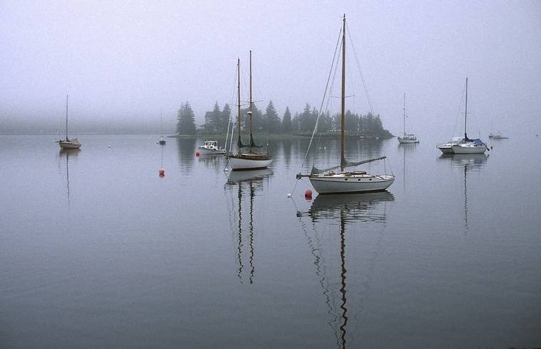 July 30, 1993 - Chester, Nova Scotia, Canada.<br />Mahone Bay in fog.