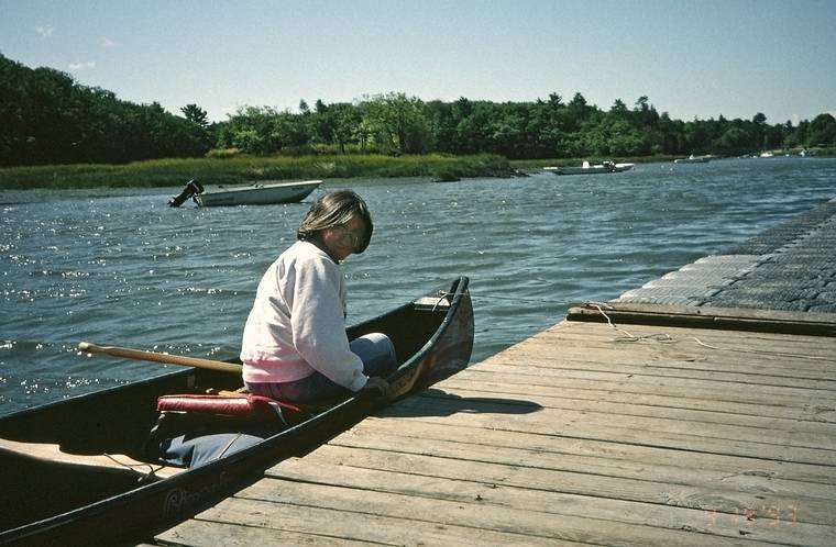 Sept. 18, 1993 - Durham, New Hampshire.<br />Canoe paddle on the Oyster River and Little Bay.<br />Joyce waiting for the photographer to get his act together.