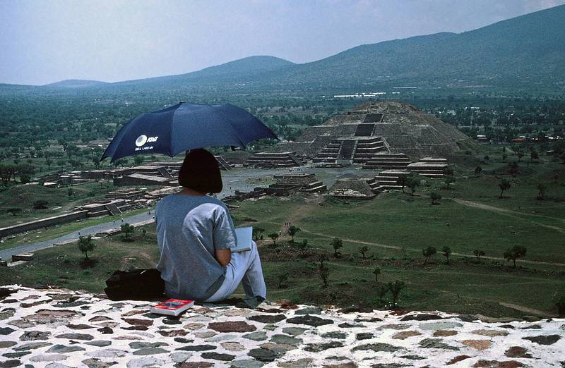 June 6, 1994 - Teotihuacn, Mexico.<br />Joyce sketching the Pyramid of the Moon from atop the Pyramid of the Sun.