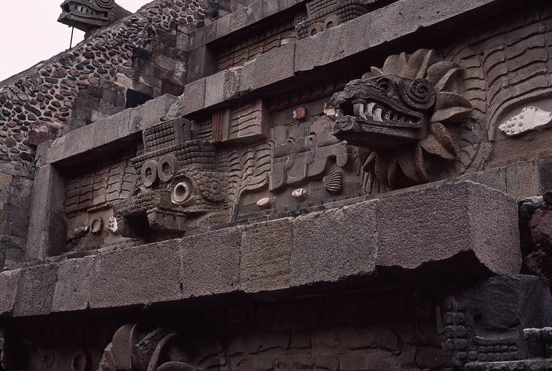 June 6, 1994 - Teotihuacn, Mexico.<br />Details of sculptures and bas-relief on the side of the Temple of Quetzalcoatl in the Citadel.