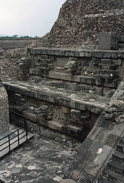June 6, 1994 - Teotihuacn, Mexico.<br />Details of sculptures and bas-relief on the side of the Temple of Quetzalcoatl in the Citadel.