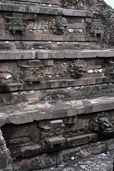 June 6, 1994 - Teotihuacn, Mexico.<br />Details of sculptures and bas-relief on the side of the Temple of Quetzalcoatl in the Citadel.