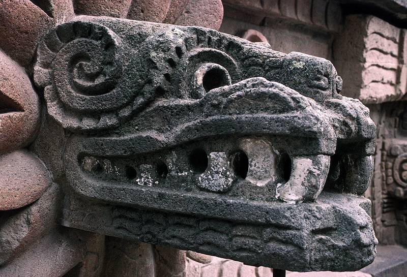 June 6, 1994 - Teotihuacn, Mexico.<br />Details of sculptures and bas-relief on the side of the Temple of Quetzalcoatl in the Citadel.