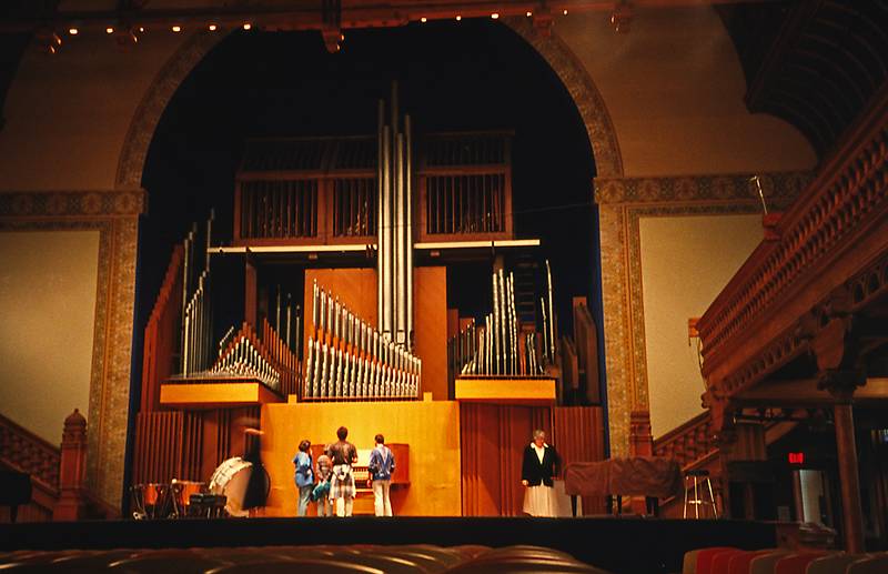 Oct. 23, 1994 - Syracuse, New York.<br />Visiting Melody at Syracuse University.<br />Melody, Joyce, Eric, and Carl on the stage in the Setnor Auditorium at Crouse College.