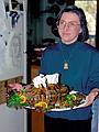 Dec. 25, 1994 - Christmas dinner in Merrimac, Massachusetts.<br />Joyce with one of her masterpieces, a crown roast of pork.