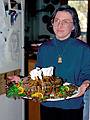 Dec. 25, 1994 - Christmas dinner in Merrimac, Massachusetts.<br />Joyce with one of her masterpieces, a crown roast of pork.