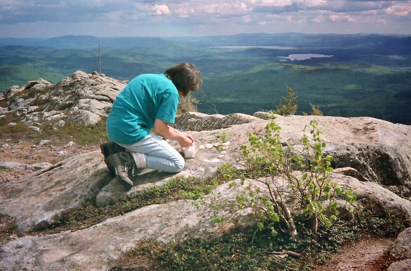 May 27, 1995 - South Moat Mountain, Albany, New Hampshire.<br />Joyce placing a pattern of sand dollars on the rock.
