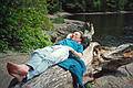 May 28, 1995 - Maudslay State Park, Newburyport, Massachusetts.<br />Joyce on a log along the Merrimack River.