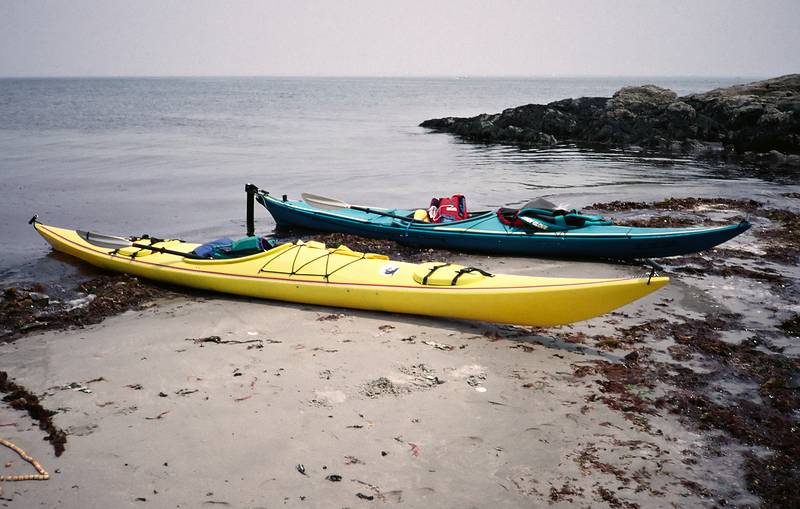 June 24, 1995 - Rye, New Hampshire.<br />Kayaking from Odiorne State Park to Rye harbor and back.<br />My yellow and Joyce's blue kayaks.