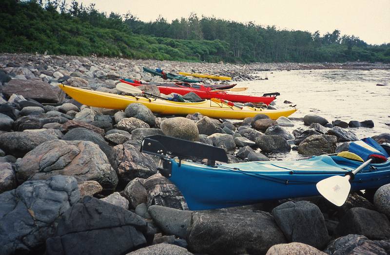 July 1, 1995 - Odiorne State Park, Rye, New Hampshire.<br />Some of the kayaks in Joyce's spiral project.