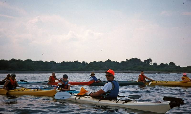 July 1, 1995 - Odiorne State Park, Rye, New Hampshire.<br />Kayakers trying to form a spiral for Joyce's project.