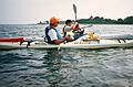 July 1, 1995 - Odiorne State Park, Rye, New Hampshire.<br />John Halloran in his white kayak.
