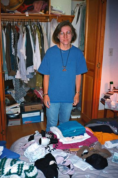 July 2, 1995 - Merrimac, Massachusetts.<br />Joyce packing for trip to Spain.
