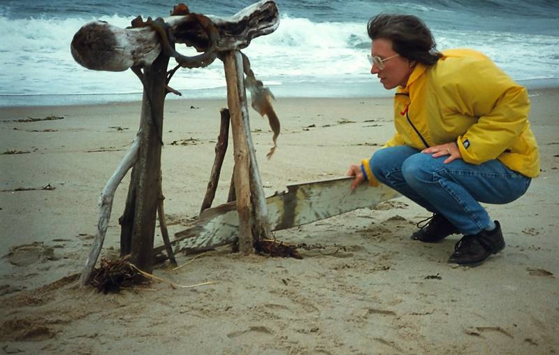 August 1995 - Parker River National Wildlife Refuge, Plum Island, Massachusetts.<br />Joyce building a driftwood sculpture.