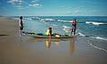 August 1995 - Parker River National Wildlife Refuge, Plum Island, Massachusetts.<br />Joyce waiting to help push a kayaker out to sea.