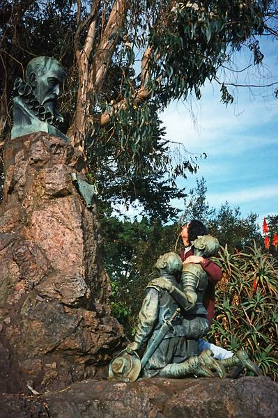 Dec. 25, 1995 - Golden Gate Park, San Francisco, California.<br />Eric with Don Quijote and Sancho Panza looking at Cervantes.
