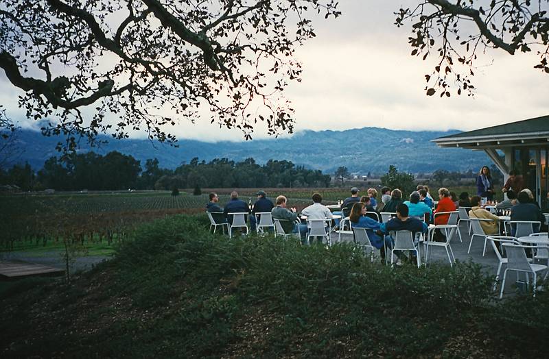 Dec. 30, 1995 - Napa Valley, California.<br />People enjoying a glass of champagne at Mumm/Napa winery and view of the valley.