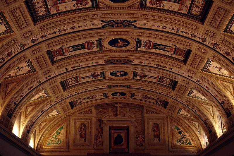 July 6, 1995 - El Escorial, Spain.<br />The arched, painted ceiling of a gallery.