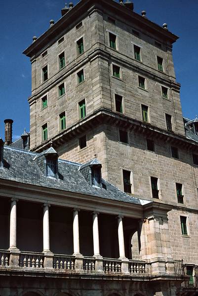 July 6, 1995 - El Escorial, Spain.<br />A balcony and a corner tower of the building.