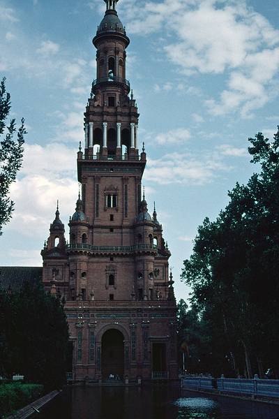 July 8, 1995 -  Plaza de Espaa, Sevilla, Spain.<br />One of the end towers of the semicircular building.