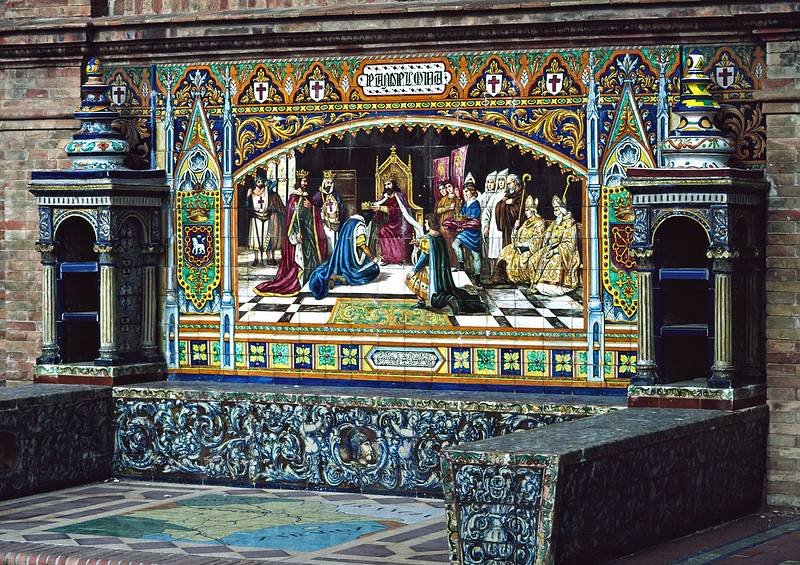 July 8, 1995 - Plaza de Espaa, Sevilla, Spain.<br />Bench and tiled scene of Pamplona (there is one for each province in Spain).